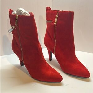 Bellini Red Suede Pointed-Toe Ankle Boots with Gold Zippers 12W
